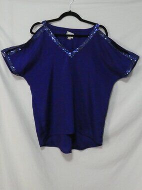 ECI NEW YORK Royal Blue Cold Shoulder Sequin Trim Blouse Top - Size Small